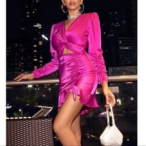 Gigi Long Sleeve Twist Front Cut-Out Knot Satin Dress